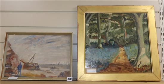 Dunlop, 2 oils on board, Coastal scene and Woodland scene, bearing signatures, largest 36 x 38cm